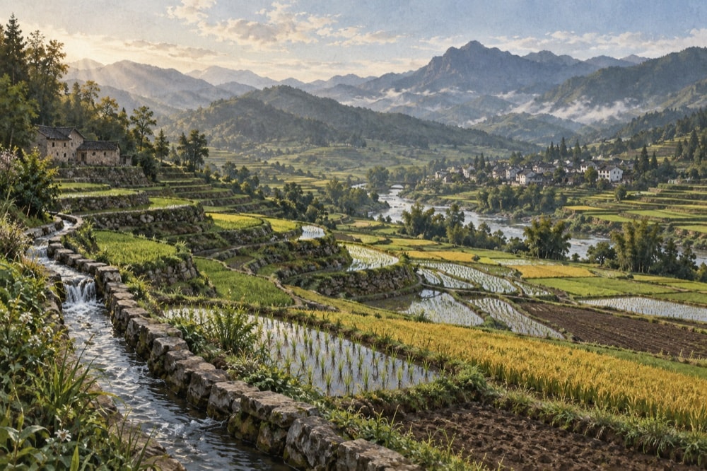 Terraced fields following the contours of a mountain slope